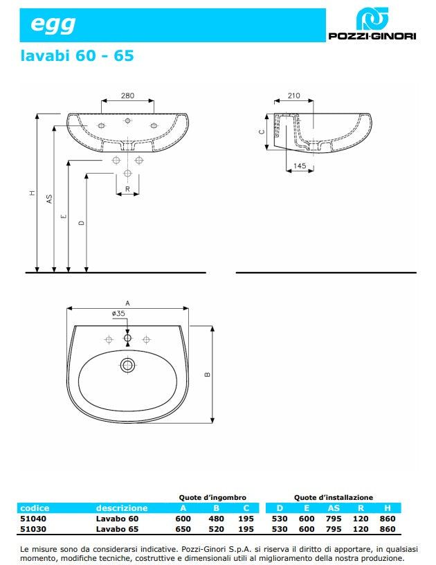 Pozzi Ginori - EGG 60 / EGG 65 Lavabo